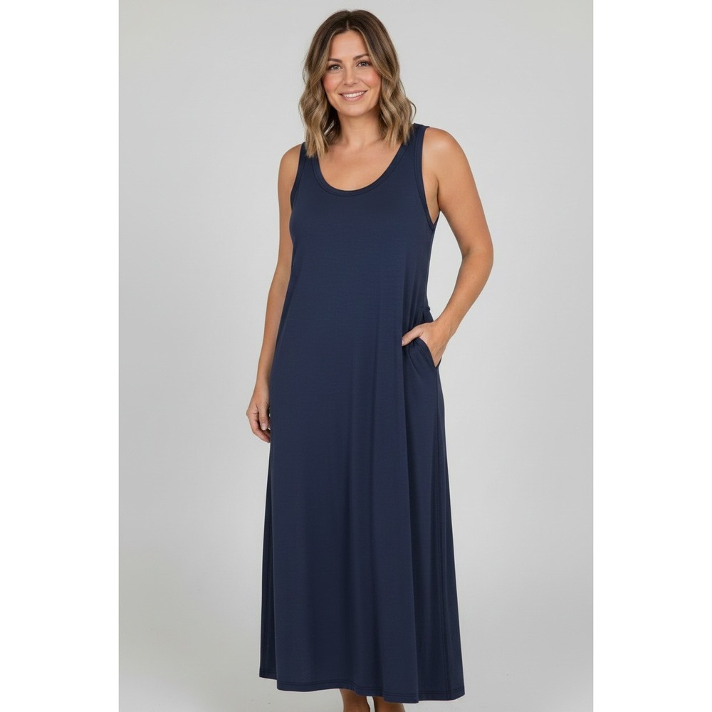 Talbots Navy Tank Maxi Dress Medium Pockets Stretch Travel Comfy Beach